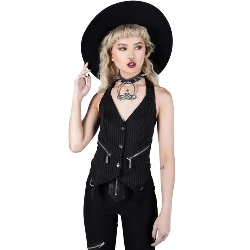 Killstar Office Riot Vest Black Pinstripe Halter Goth Punk Small